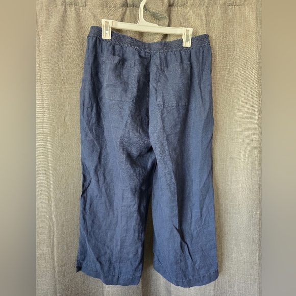 Michael Stars 100% Linen Navy Blue Wide Leg Cropped Pants Size L Elastic Waist - Picture 2 of 5